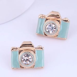 Gold aqua color Camera stud earrings fashion style jewelry